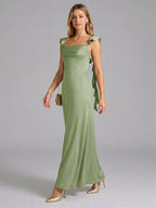 Elegant Dusty Sage Satin Mermaid Square Neck Back Zip Ankle-Length Bridesmaid Dress - Curvevia