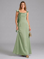 Elegant Dusty Sage Satin Mermaid Square Neck Back Zip Ankle-Length Bridesmaid Dress - Curvevia