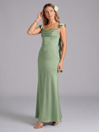 Elegant Dusty Sage Satin Mermaid Square Neck Back Zip Ankle-Length Bridesmaid Dress - Curvevia