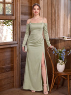 Elegant Dusty Sage Satin Sheath Straight Neck Backless Ankle-Length Bridesmaid Dress - Curvevia