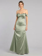 Elegant Dusty Sage Satin Trumpet Off-the-Shoulder Back Zip Ankle-Length Bridesmaid Dress - Curvevia
