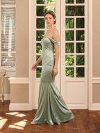 Elegant Dusty Sage Satin Trumpet Off-the-Shoulder Back Zip Ankle-Length Bridesmaid Dress - Curvevia