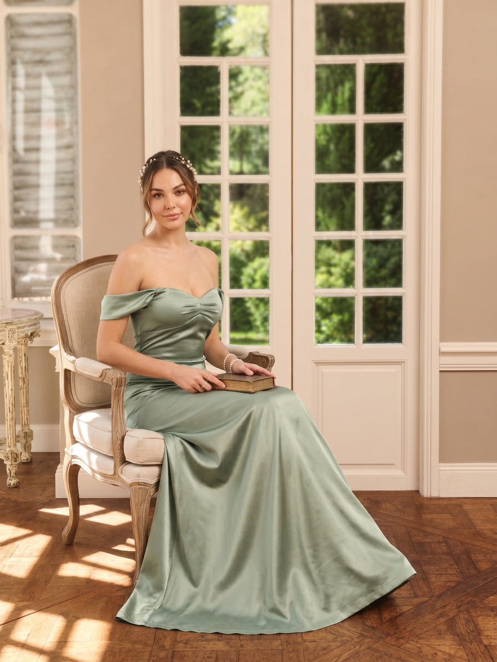 Elegant Dusty Sage Satin Trumpet Off-the-Shoulder Back Zip Ankle-Length Bridesmaid Dress - Curvevia