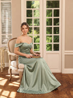 Elegant Dusty Sage Satin Trumpet Off-the-Shoulder Back Zip Ankle-Length Bridesmaid Dress - Curvevia