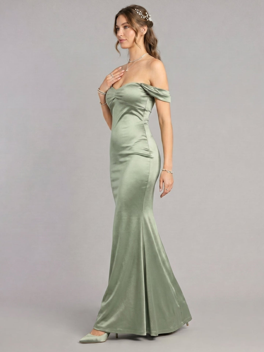 Elegant Dusty Sage Satin Trumpet Off-the-Shoulder Back Zip Ankle-Length Bridesmaid Dress - Curvevia