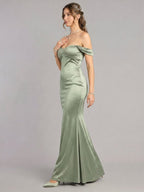 Elegant Dusty Sage Satin Trumpet Off-the-Shoulder Back Zip Ankle-Length Bridesmaid Dress - Curvevia