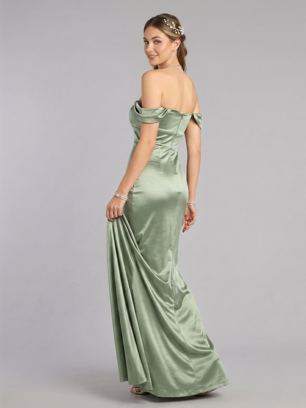 Elegant Dusty Sage Satin Trumpet Off-the-Shoulder Back Zip Ankle-Length Bridesmaid Dress - Curvevia