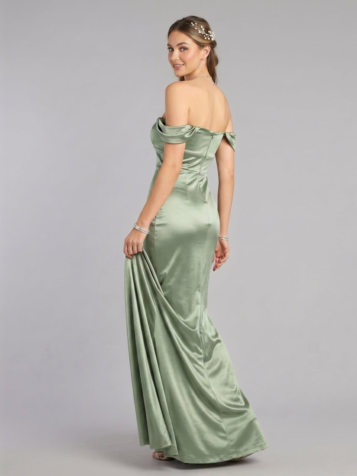 Elegant Dusty Sage Satin Trumpet Off-the-Shoulder Back Zip Ankle-Length Bridesmaid Dress - Curvevia