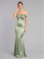 Elegant Dusty Sage Satin Trumpet Off-the-Shoulder Back Zip Ankle-Length Bridesmaid Dress - Curvevia
