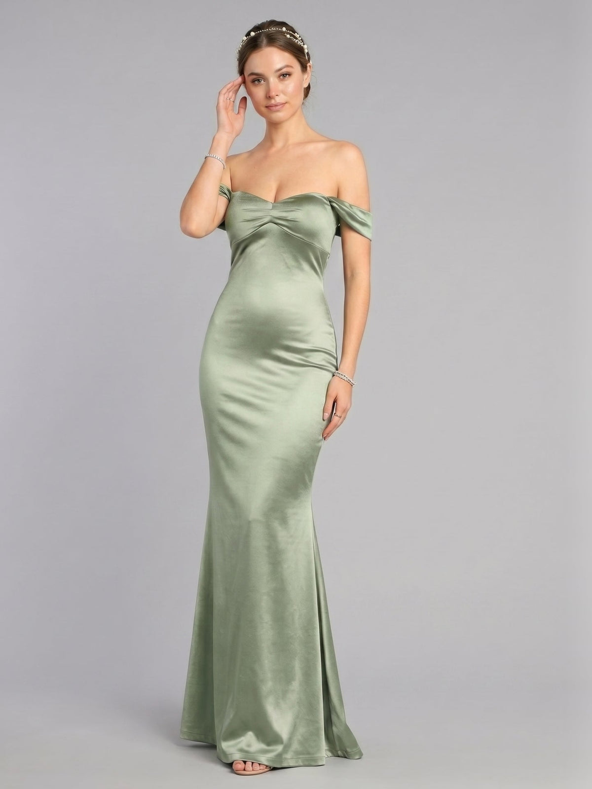 Elegant Dusty Sage Satin Trumpet Off-the-Shoulder Back Zip Ankle-Length Bridesmaid Dress - Curvevia
