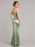 Elegant Dusty Sage Satin Trumpet Off-the-Shoulder Back Zip Ankle-Length Bridesmaid Dress - Curvevia