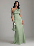 Elegant Dusty Sage Satin mermaid One Shoulder Backless Ankle-Length Bridesmaid Dress - Curvevia