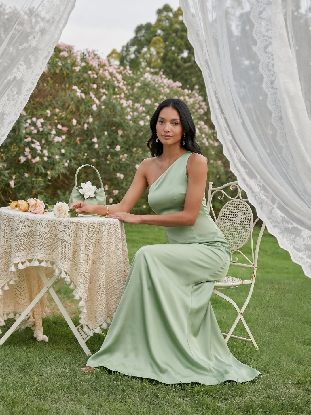 Elegant Dusty Sage Satin mermaid One Shoulder Backless Ankle-Length Bridesmaid Dress - Curvevia