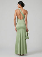 Elegant Dusty Sage Satin mermaid One Shoulder Backless Ankle-Length Bridesmaid Dress - Curvevia