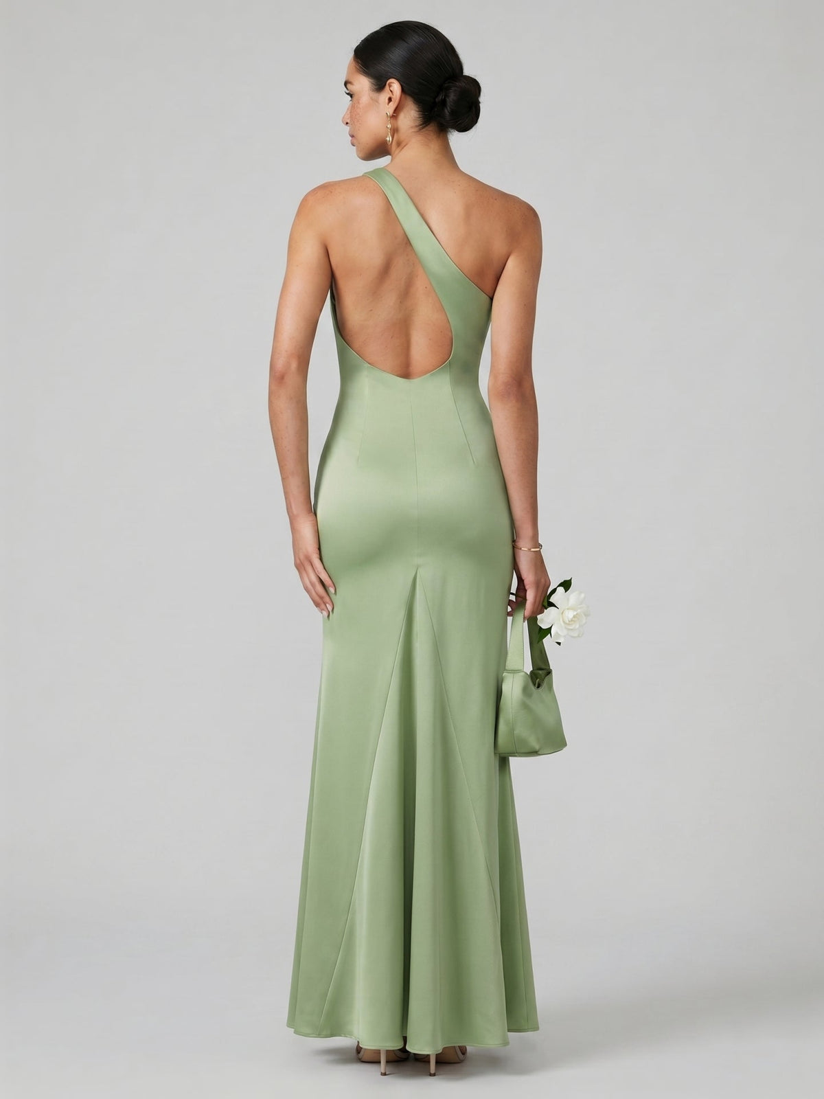 Elegant Dusty Sage Satin mermaid One Shoulder Backless Ankle-Length Bridesmaid Dress - Curvevia