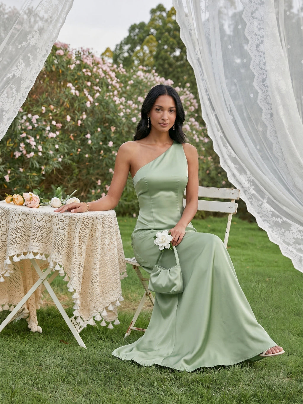 Elegant Dusty Sage Satin mermaid One Shoulder Backless Ankle-Length Bridesmaid Dress - Curvevia