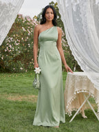 Elegant Dusty Sage Satin mermaid One Shoulder Backless Ankle-Length Bridesmaid Dress - Curvevia