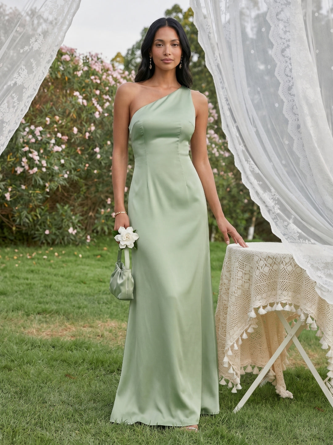 Elegant Dusty Sage Satin mermaid One Shoulder Backless Ankle-Length Bridesmaid Dress - Curvevia