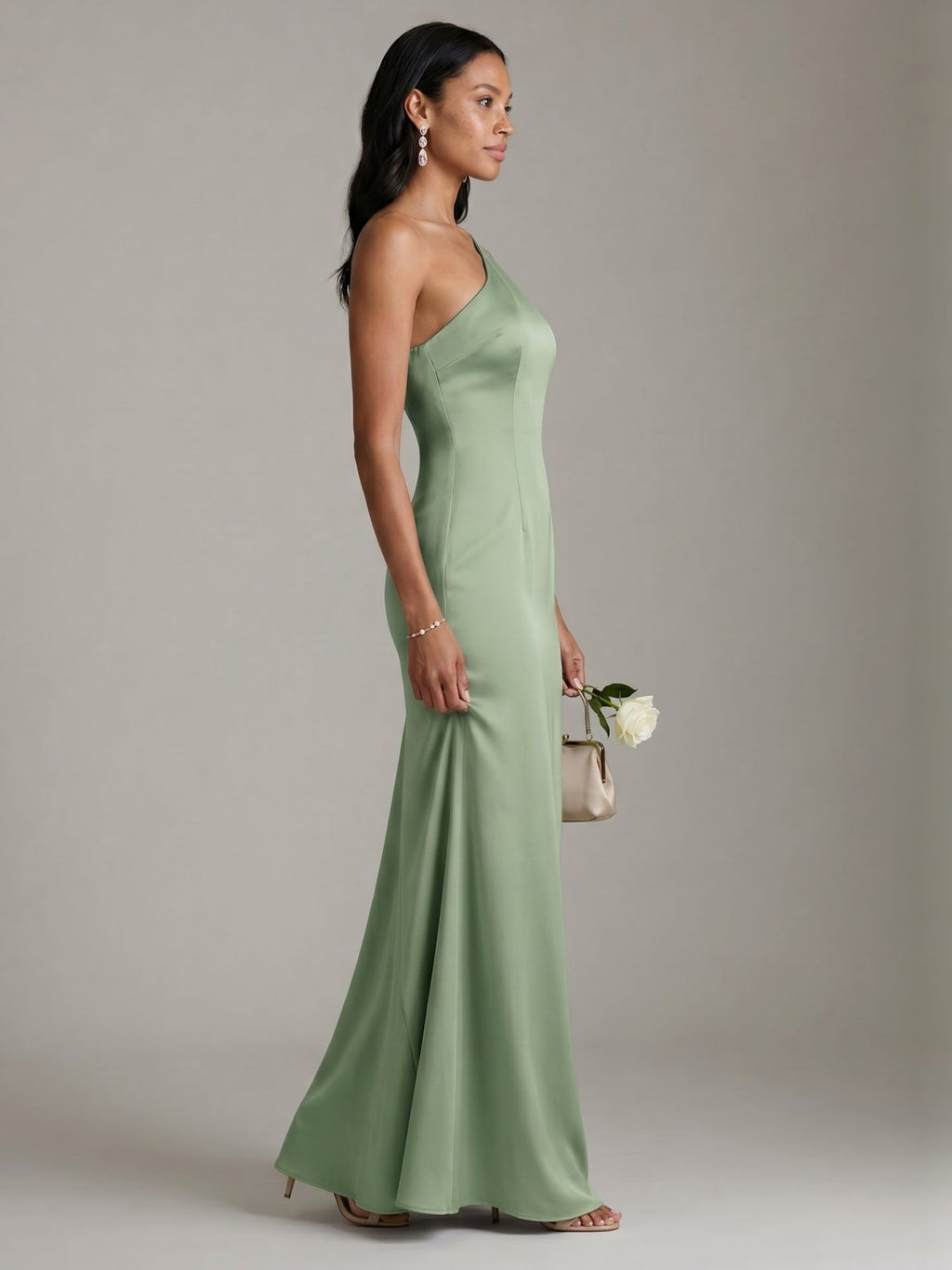 Elegant Dusty Sage Satin mermaid One Shoulder Backless Ankle-Length Bridesmaid Dress - Curvevia