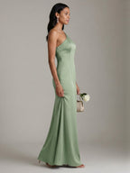 Elegant Dusty Sage Satin mermaid One Shoulder Backless Ankle-Length Bridesmaid Dress - Curvevia