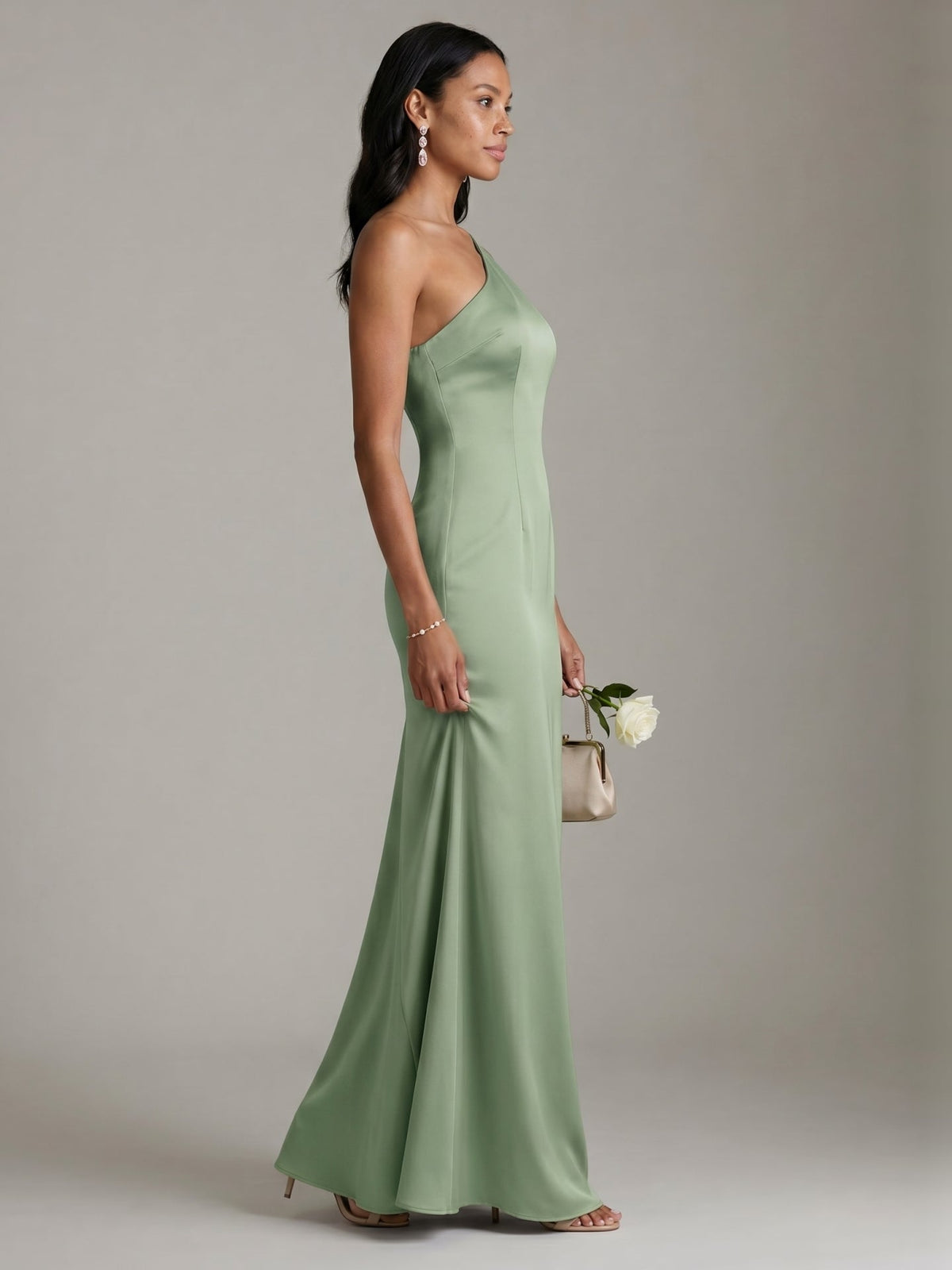 Elegant Dusty Sage Satin mermaid One Shoulder Backless Ankle-Length Bridesmaid Dress - Curvevia