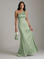 Elegant Dusty Sage Satin mermaid One Shoulder Backless Ankle-Length Bridesmaid Dress - Curvevia
