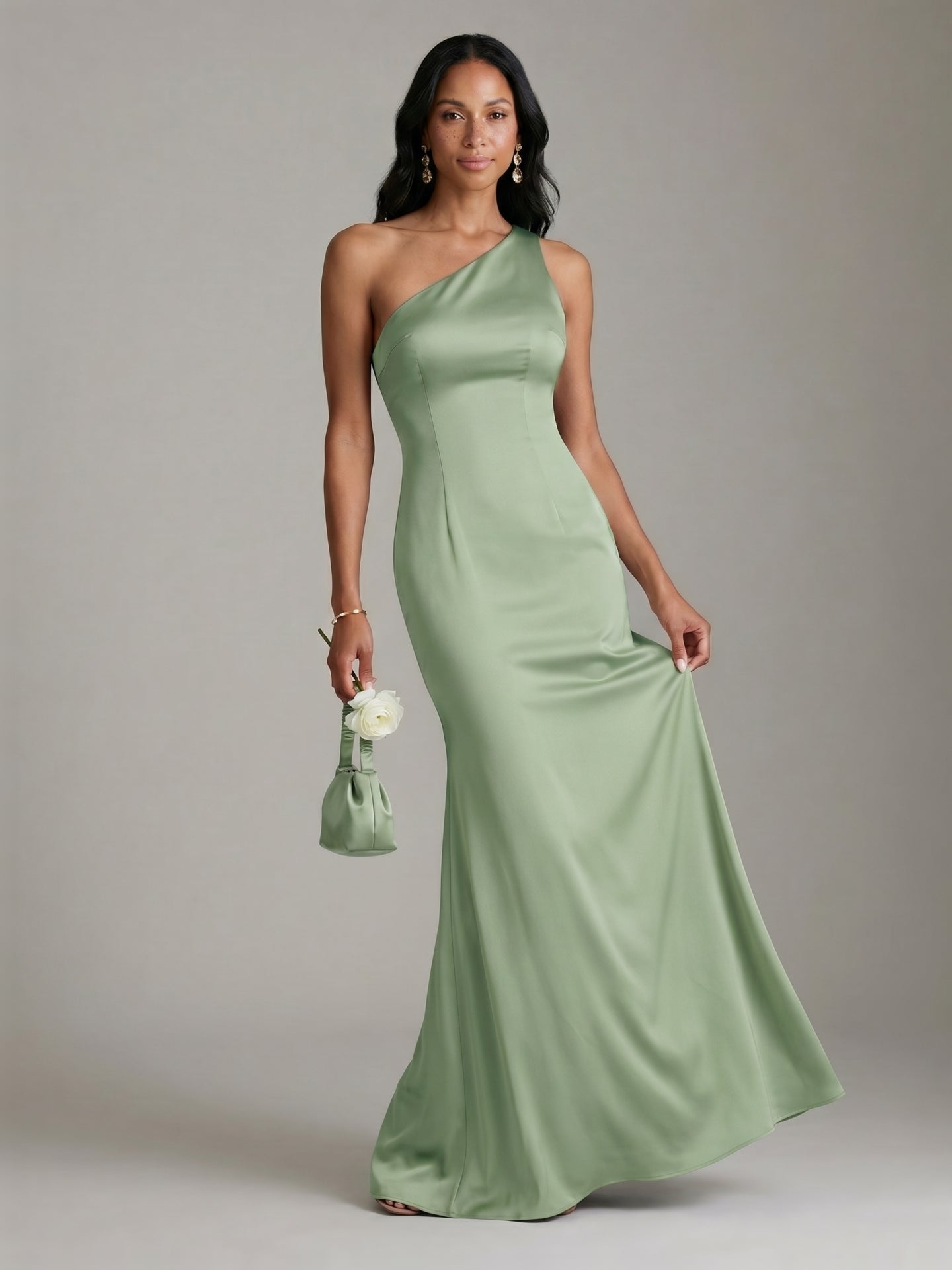 Elegant Dusty Sage Satin mermaid One Shoulder Backless Ankle-Length Bridesmaid Dress - Curvevia