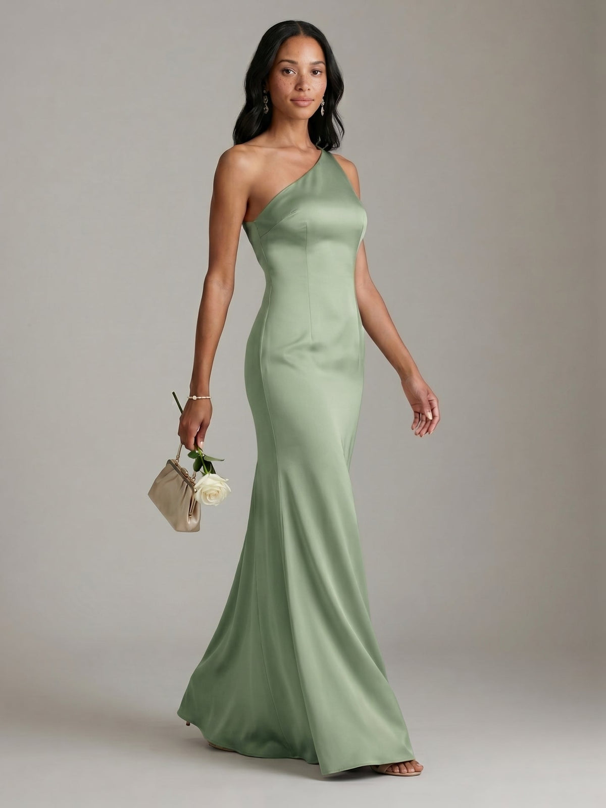 Elegant Dusty Sage Satin mermaid One Shoulder Backless Ankle-Length Bridesmaid Dress - Curvevia