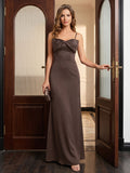 Elegant Espresso Satin A-Line Straight Neck Back Zip Ankle-Length Bridesmaid Dress - Curvevia