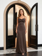 Elegant Espresso Satin A-Line Straight Neck Back Zip Ankle-Length Bridesmaid Dress - Curvevia