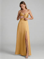 Elegant Gold Satin A-Line Sweetheart Backless Ankle-Length Bridesmaid Dress - Curvevia