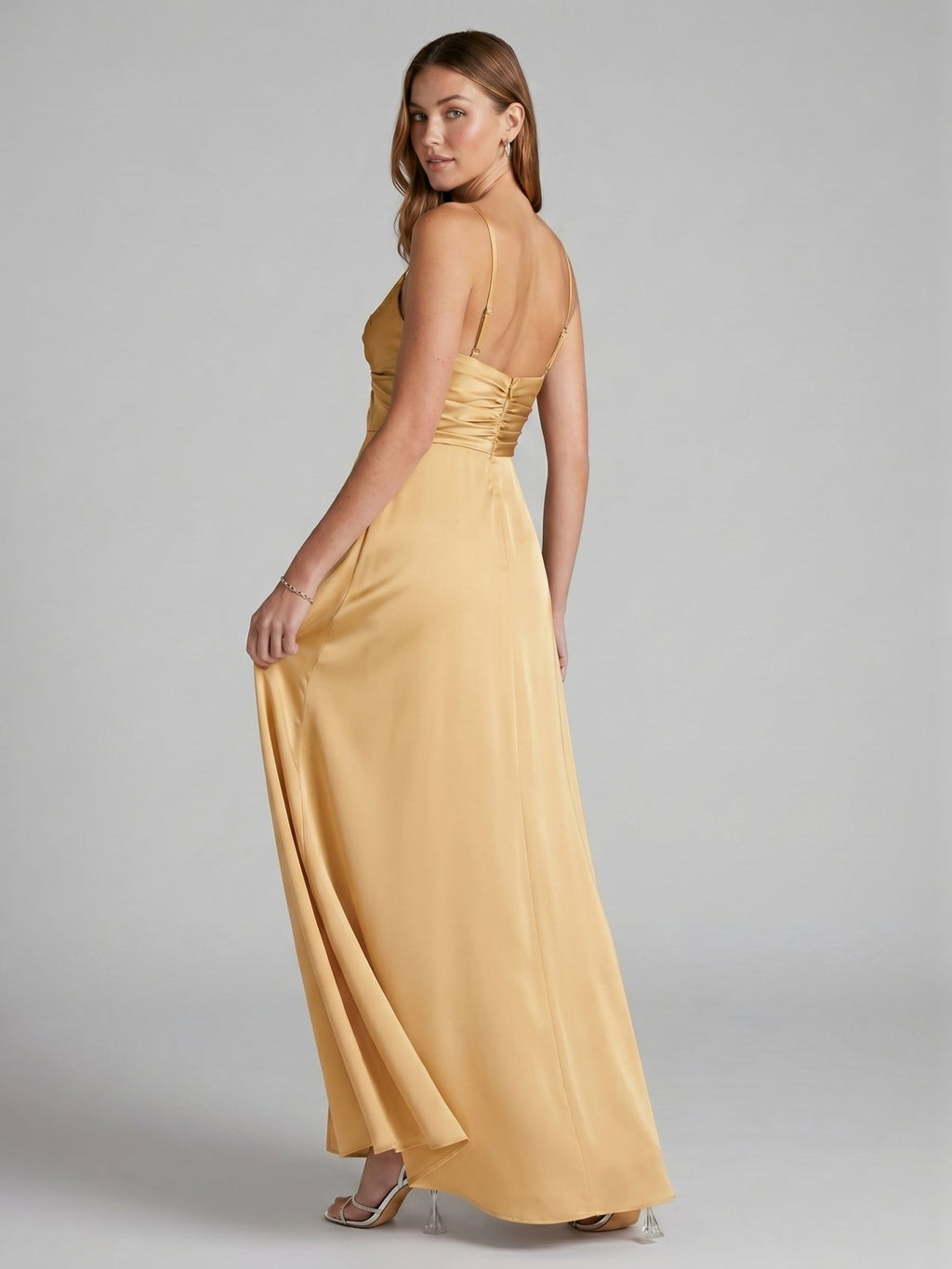 Elegant Gold Satin A-Line Sweetheart Backless Ankle-Length Bridesmaid Dress - Curvevia