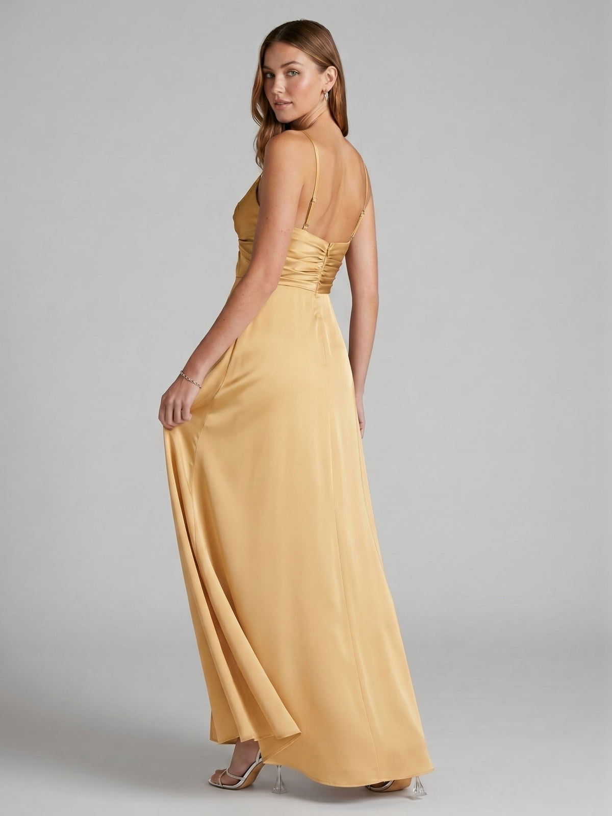 Elegant Gold Satin A-Line Sweetheart Backless Ankle-Length Bridesmaid Dress - Curvevia