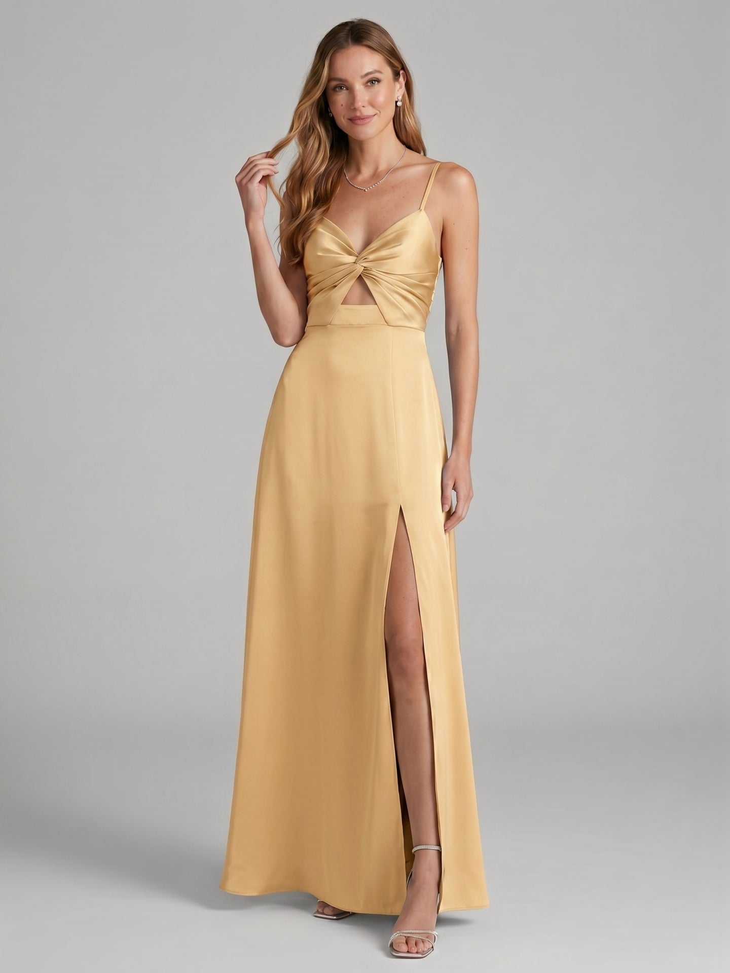 Elegant Gold Satin A-Line Sweetheart Backless Ankle-Length Bridesmaid Dress - Curvevia