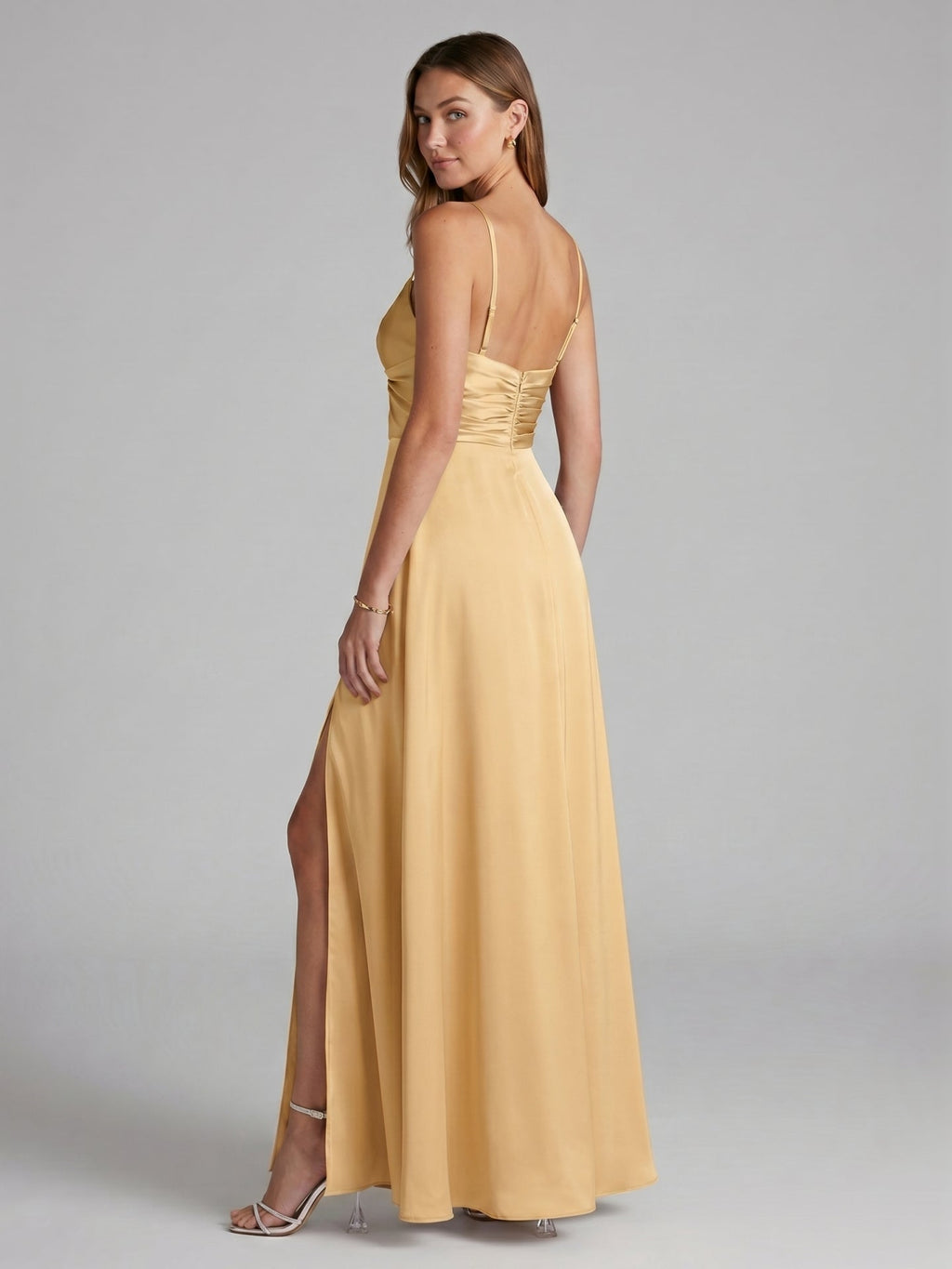 Elegant Gold Satin A-Line Sweetheart Backless Ankle-Length Bridesmaid Dress - Curvevia