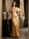 Elegant Gold Satin A-Line V-Neck V-Back Ankle-Length Bridesmaid Dress - Curvevia