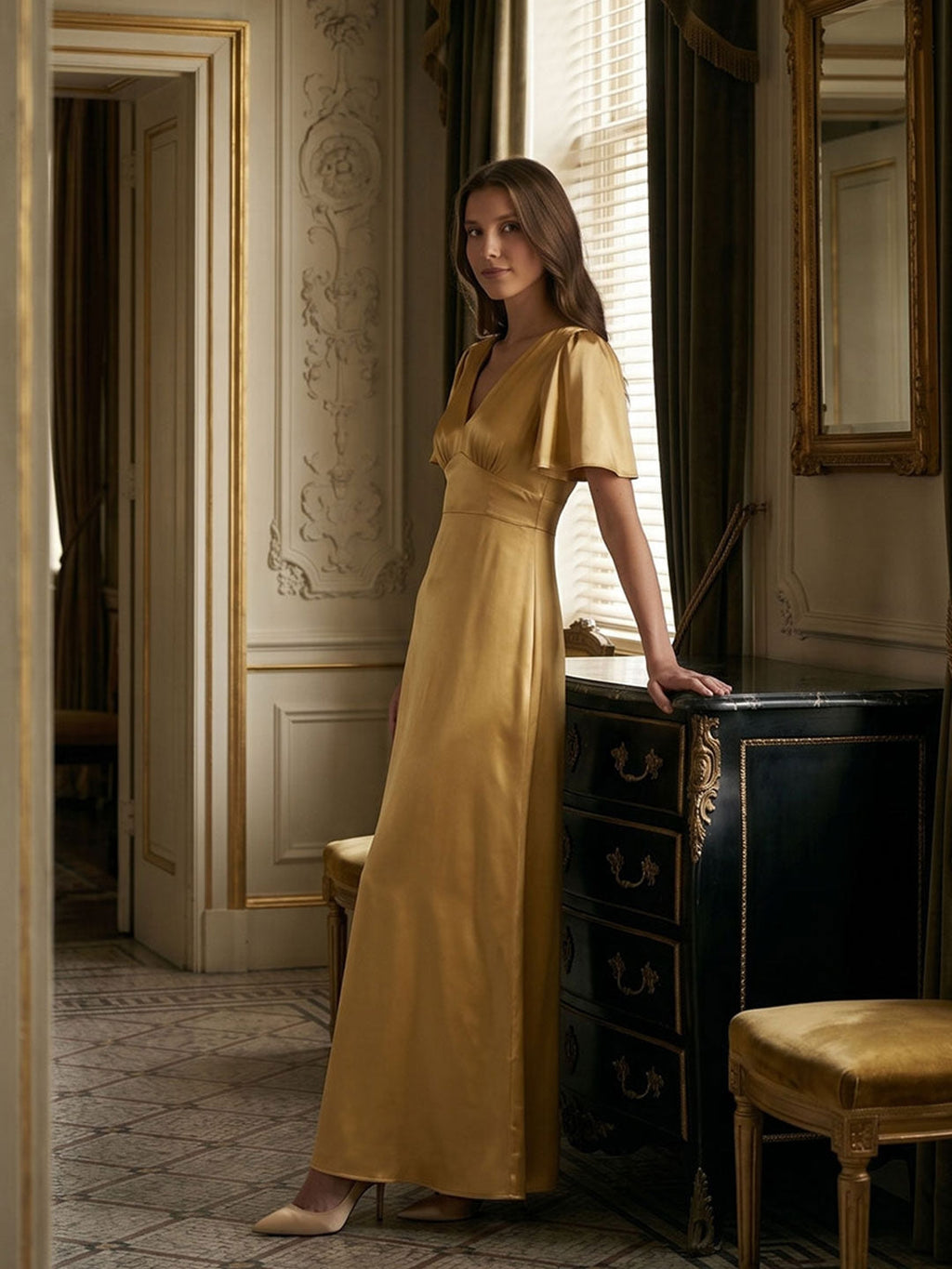 Elegant Gold Satin A-Line V-Neck V-Back Ankle-Length Bridesmaid Dress - Curvevia