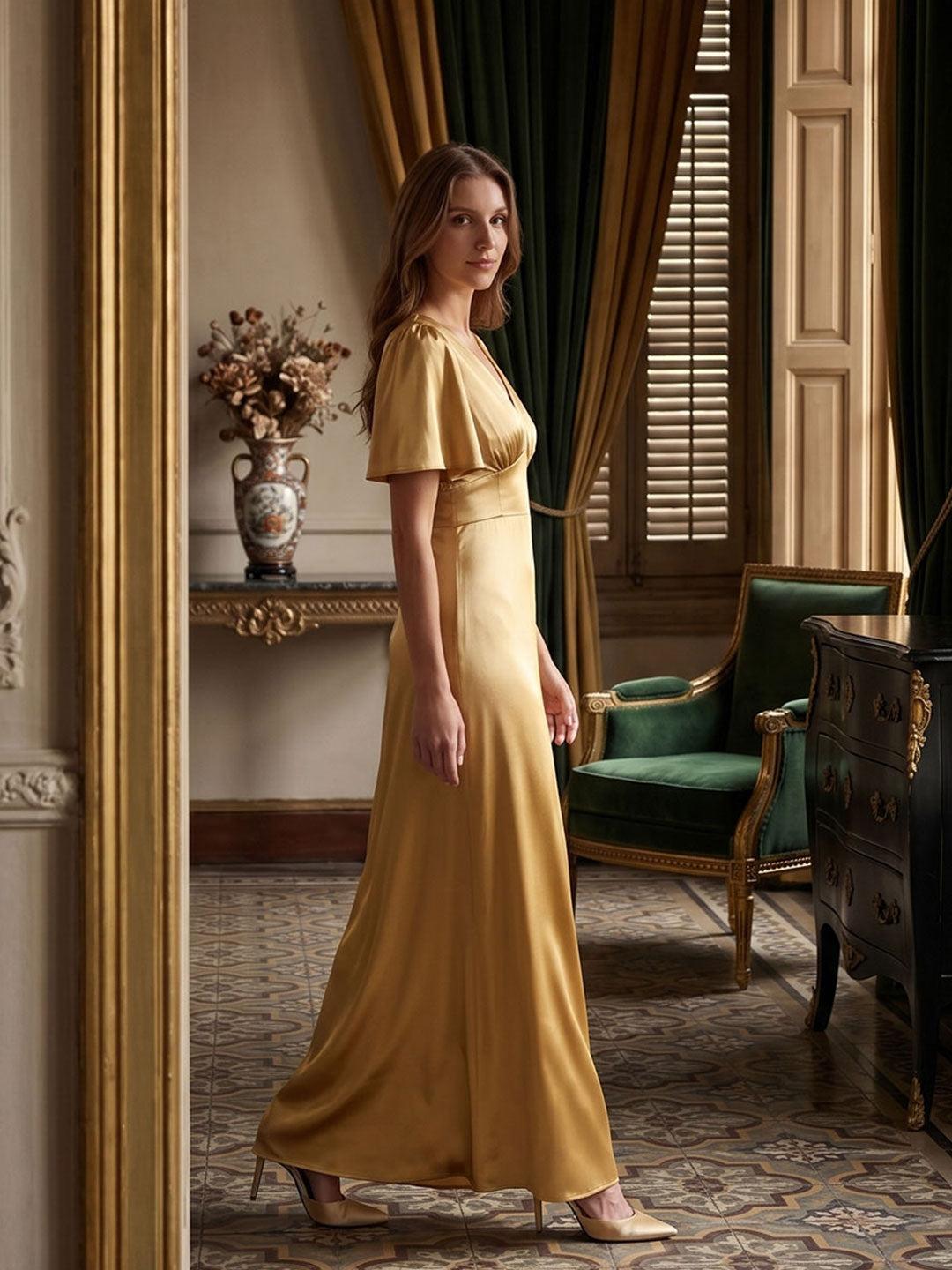 Elegant Gold Satin A-Line V-Neck V-Back Ankle-Length Bridesmaid Dress - Curvevia