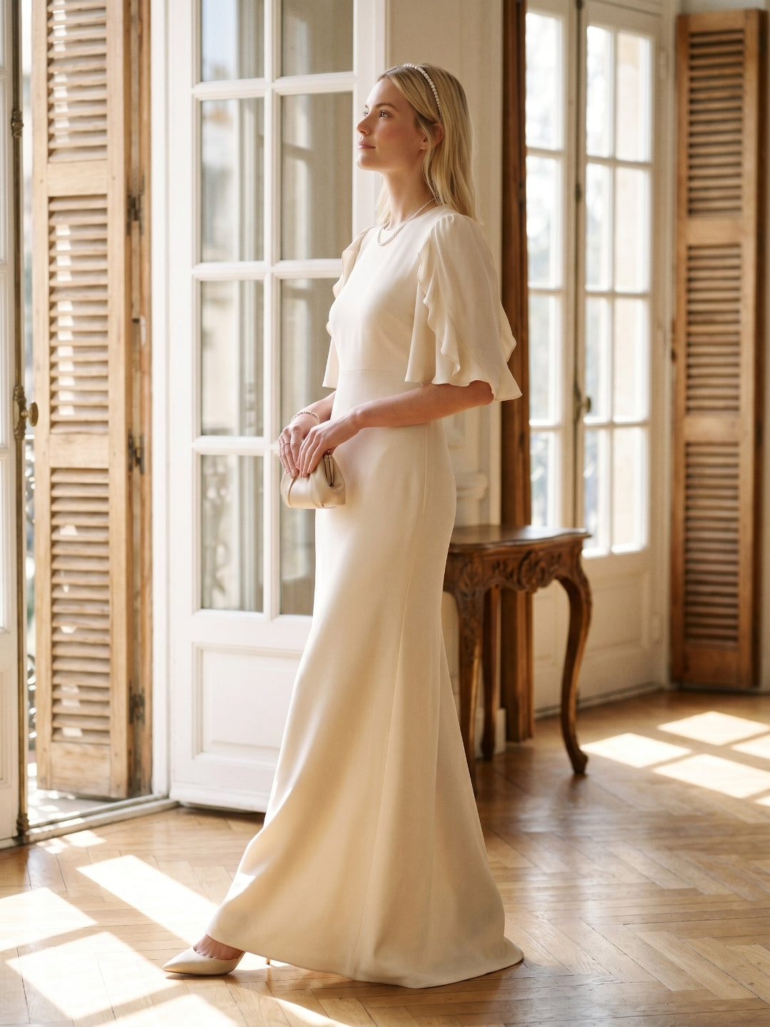 Elegant Ivory Matte Satin A-Line Scoop Neck Back Zip Ankle-Length Bridesmaid Dress - Curvevia