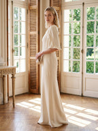 Elegant Ivory Matte Satin A-Line Scoop Neck Back Zip Ankle-Length Bridesmaid Dress - Curvevia