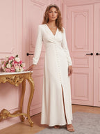 Elegant Ivory Matte Satin A-Line V-Neck Lace-up Ankle-Length Bridesmaid Dress - Curvevia