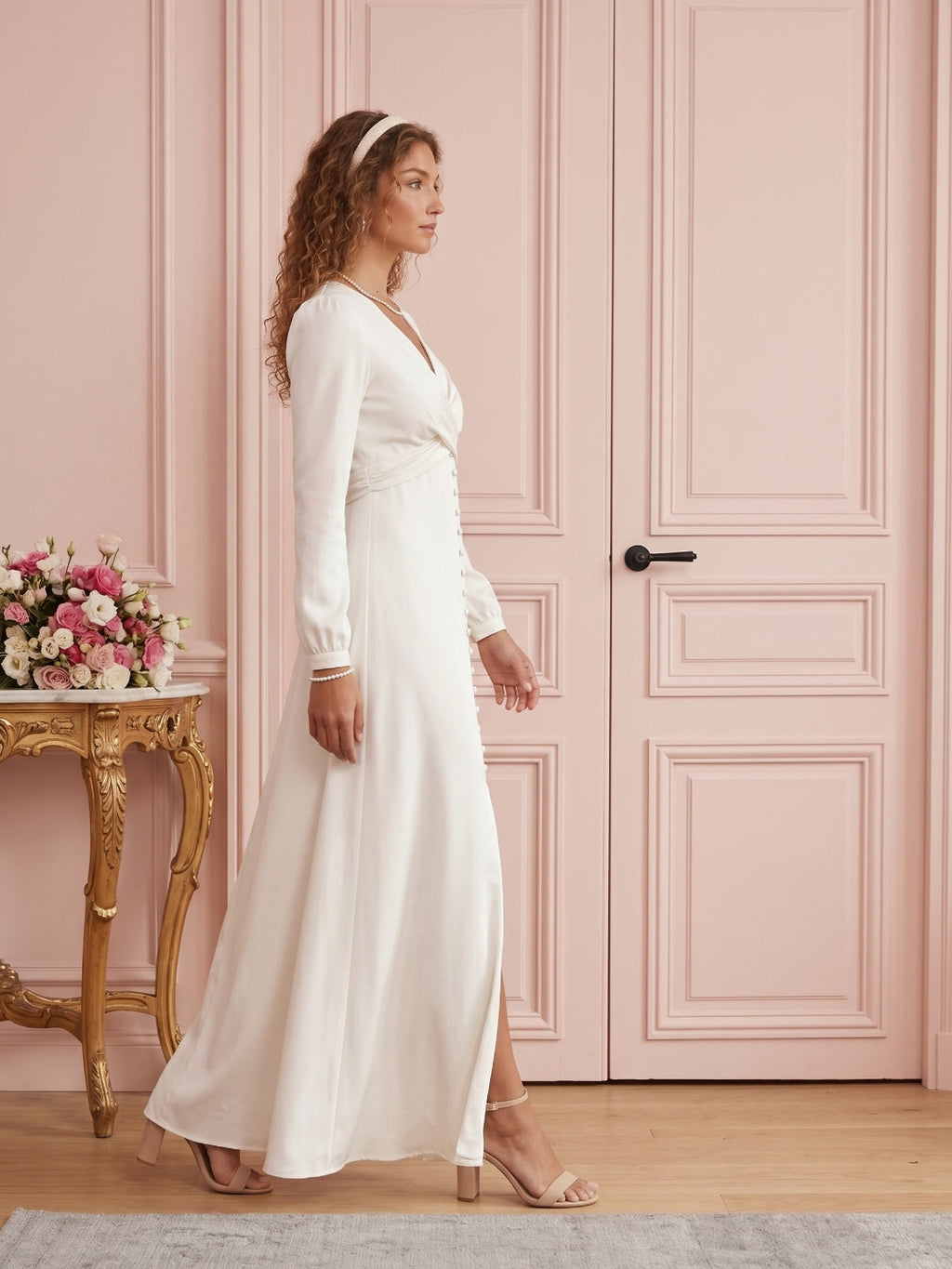 Elegant Ivory Matte Satin A-Line V-Neck Lace-up Ankle-Length Bridesmaid Dress - Curvevia