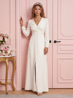 Elegant Ivory Matte Satin A-Line V-Neck Lace-up Ankle-Length Bridesmaid Dress - Curvevia
