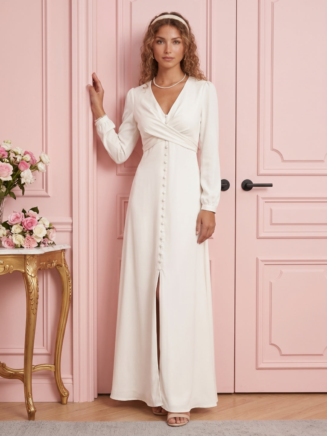 Elegant Ivory Matte Satin A-Line V-Neck Lace-up Ankle-Length Bridesmaid Dress - Curvevia