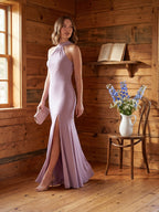 Elegant Lavender Matte Satin Sheath Halter neckline Back Zip Ankle-Length Bridesmaid Dress - Curvevia