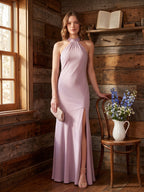 Elegant Lavender Matte Satin Sheath Halter neckline Back Zip Ankle-Length Bridesmaid Dress - Curvevia