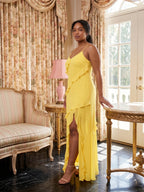 Elegant Lemon Chiffon Sheath V-Neck Backless Ankle-Length Plus Size Bridesmaid Dress - Curvevia