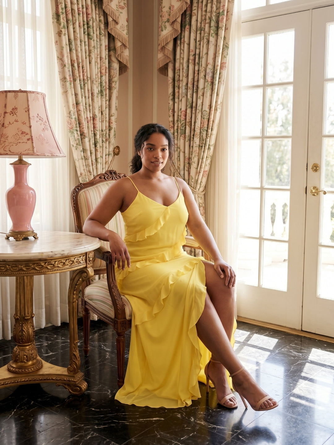 Elegant Lemon Chiffon Sheath V-Neck Backless Ankle-Length Plus Size Bridesmaid Dress - Curvevia
