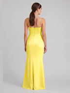 Elegant Lemon Satin Sheath Straight Neck Back Zip Ankle-Length Bridesmaid Dress - Curvevia