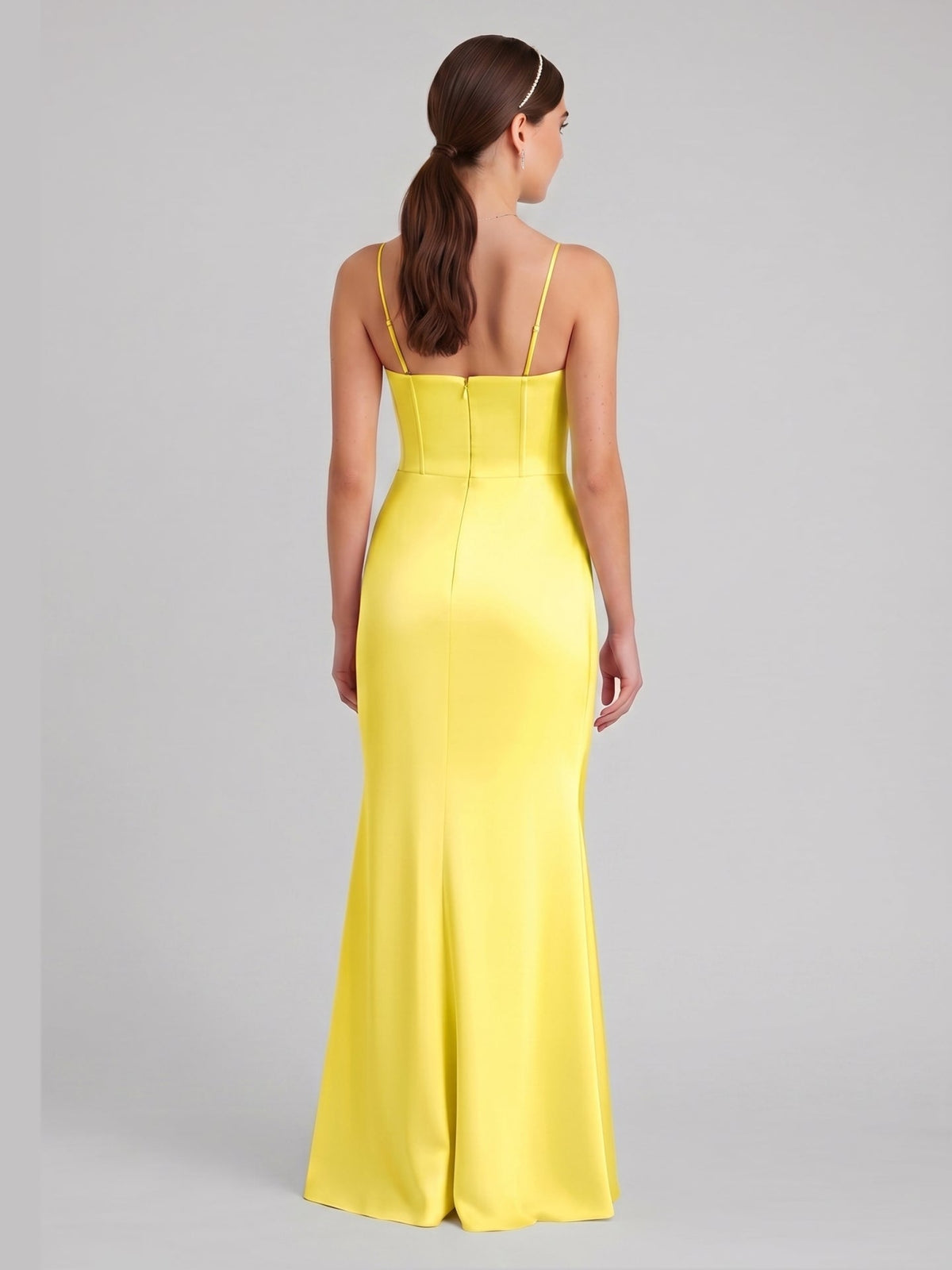 Elegant Lemon Satin Sheath Straight Neck Back Zip Ankle-Length Bridesmaid Dress - Curvevia